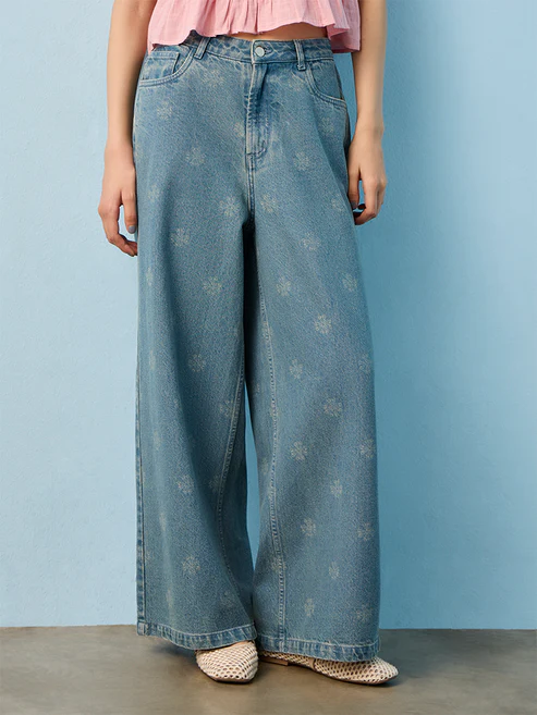 Bombay Paisley Blue Floral Printed High-Rise Jeans